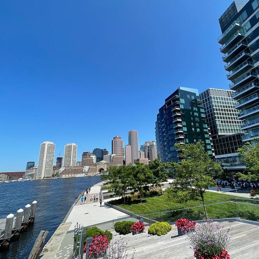 view of Boston skyline from Seaport District.